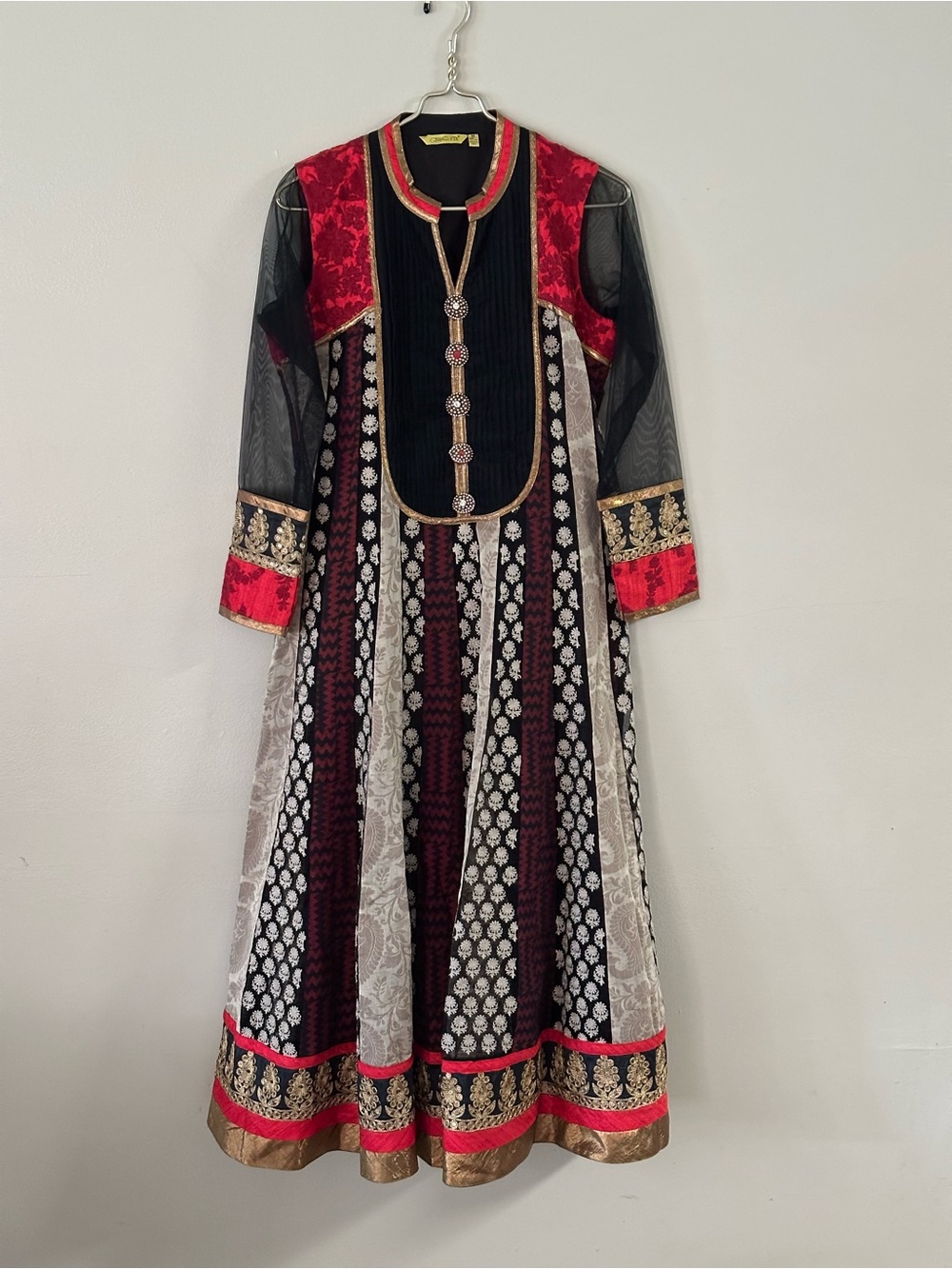 Embroidered Black and Red Anarkali Dress, Size M